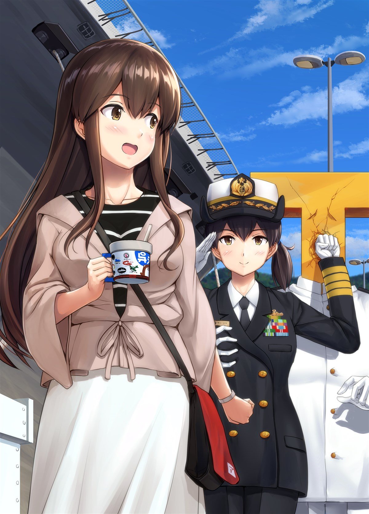 1boy 2girls admiral_(kantai_collection) akagi_(kantai_collection) alternate_costume bag black_jacket black_pants blue_sky blush breast_grab breasts brown_eyes brown_hair casual clouds collarbone collared_shirt cup day double-breasted gloves grabbing hat highres holding holding_cup ichikawa_feesu jacket kaga_(aircraft_carrier) kaga_(kantai_collection) kantai_collection lamppost large_breasts long_hair medal military military_uniform multiple_girls naval_uniform necktie open_mouth outdoors pants peaked_cap punching salute shirt shoulder_bag side_ponytail skirt sky smile striped striped_shirt t-head_admiral uniform white_jacket white_pants white_shirt white_skirt wide_sleeves wristband