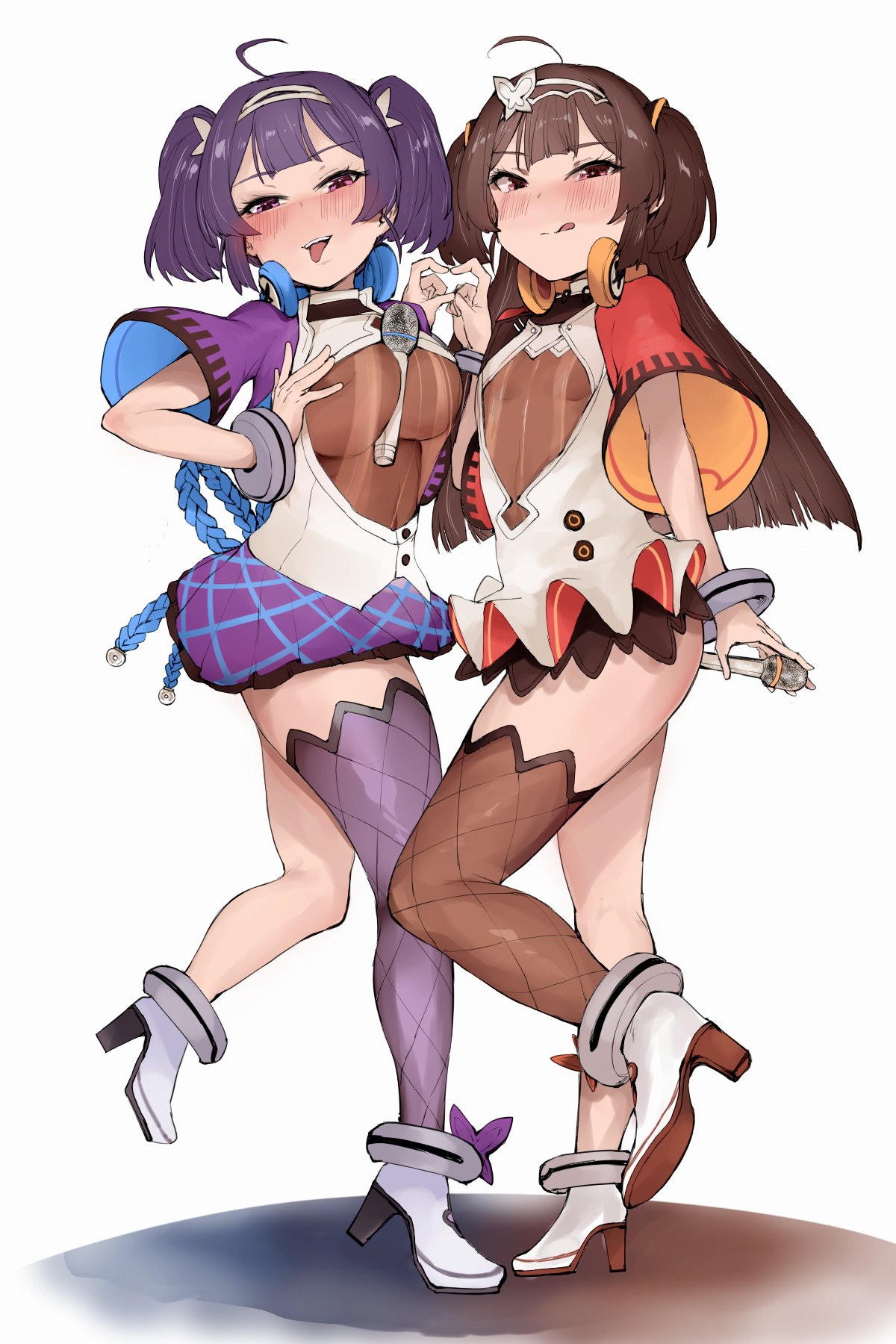 013_(hamsasuke) 2girls :p ahoge azur_lane between_breasts blue_hair breasts brown_hair high_heels highres holding holding_microphone idol licking_lips long_hair looking_at_viewer microphone multiple_girls ning_hai_(azur_lane) ping_hai_(azur_lane) see-through single_thighhigh thigh-highs tongue tongue_out twintails