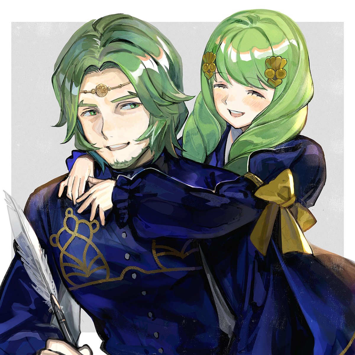 1boy 1girl beard bow brother_and_sister closed_eyes facial_hair fire_emblem fire_emblem:_three_houses flayn_(fire_emblem) garreg_mach_monastery_uniform green_eyes green_hair grey_background hair_ornament highres hug hug_from_behind kyufe long_hair long_sleeves open_mouth seteth_(fire_emblem) short_hair siblings simple_background uniform yellow_bow