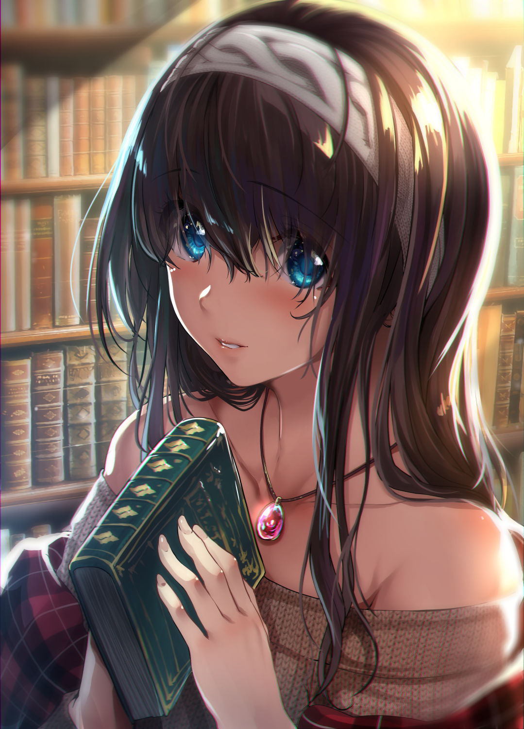 1girl backlighting bangs beige_sweater black_hair blue_eyes blush book bookshelf breasts collarbone hair_between_eyes hairband highres holding holding_book idolmaster idolmaster_cinderella_girls jewelry large_breasts long_hair long_sleeves looking_at_viewer necklace nohito off-shoulder_sweater off_shoulder pendant ribbed_sweater sagisawa_fumika shawl solo sweater