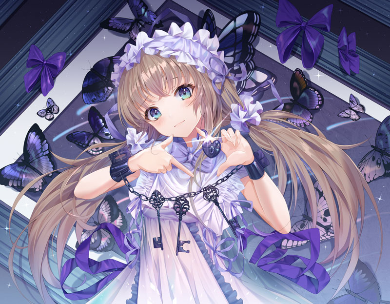 1girl blue_eyes blush brown_hair bug butterfly closed_mouth cuffs develop2 eyebrows_visible_through_hair green_eyes headdress insect key lock lolita_fashion long_hair looking_at_viewer multicolored multicolored_eyes original purple_ribbon ribbon shackles smile solo twintails very_long_hair