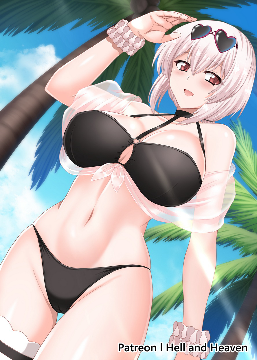 1girl azur_lane bangs bare_shoulders bikini black_bikini blue_sky blush breasts collarbone eyewear_on_head hair_between_eyes heart heart-shaped_eyewear hellandheaven highres large_breasts low_twintails o-ring o-ring_bikini open_mouth palm_tree red_eyes scrunchie sheer_clothes short_hair short_twintails silver_hair sirius_(azur_lane) sirius_(midsummer_seirios)_(azur_lane) sky smile sunglasses swimsuit tree twintails white_scrunchie wrist_scrunchie