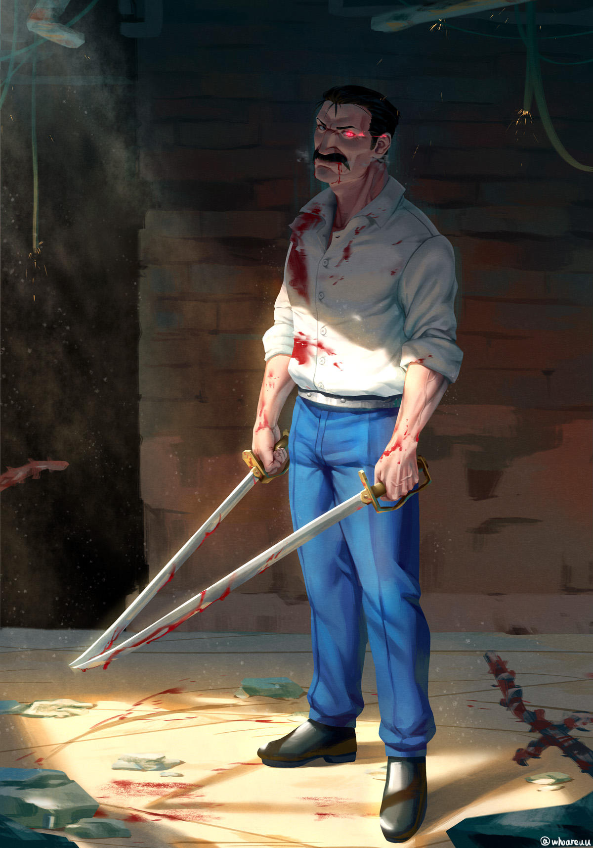 1boy artist_name belt black_footwear black_hair blood blood_on_face bloody_clothes bloody_weapon blue_pants buttons collar collared_shirt facial_hair full_body fullmetal_alchemist glowing glowing_eye highres holding holding_sword holding_weapon king_bradley looking_at_viewer male_focus mustache pants shirt short_hair solo standing sword weapon white_shirt whoareuu