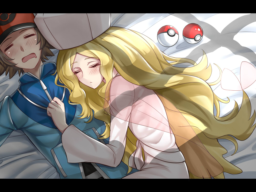 1boy 1girl bed_sheet blonde_hair blue_jacket blush brown_hair cattleya_(pokemon) closed_eyes commentary drooling hat hetero hug jacket letterboxed long_hair long_sleeves lying mouth_drool on_back on_side open_mouth poke_ball poke_ball_(generic) pokemon pokemon_(game) pokemon_bw sanmotogoroo sleeping touya_(pokemon) very_long_hair wavy_hair wide_sleeves window_shade