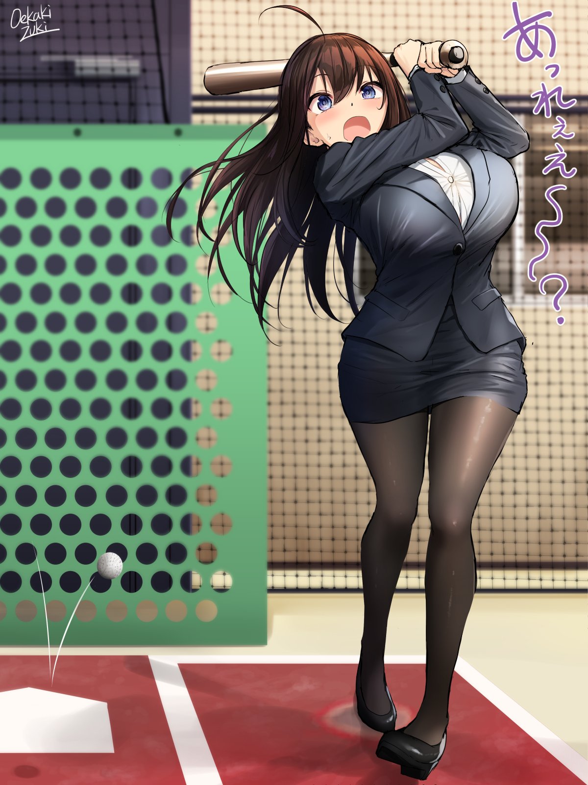 1girl ahoge bangs baseball baseball_bat black_footwear black_skirt blue_eyes blush breasts brown_hair dress_shirt formal grey_jacket grey_skirt highres jacket large_breasts long_hair long_sleeves oekakizuki office_lady open_mouth original pantyhose pencil_skirt shirt skirt skirt_suit solo suit translated white_shirt