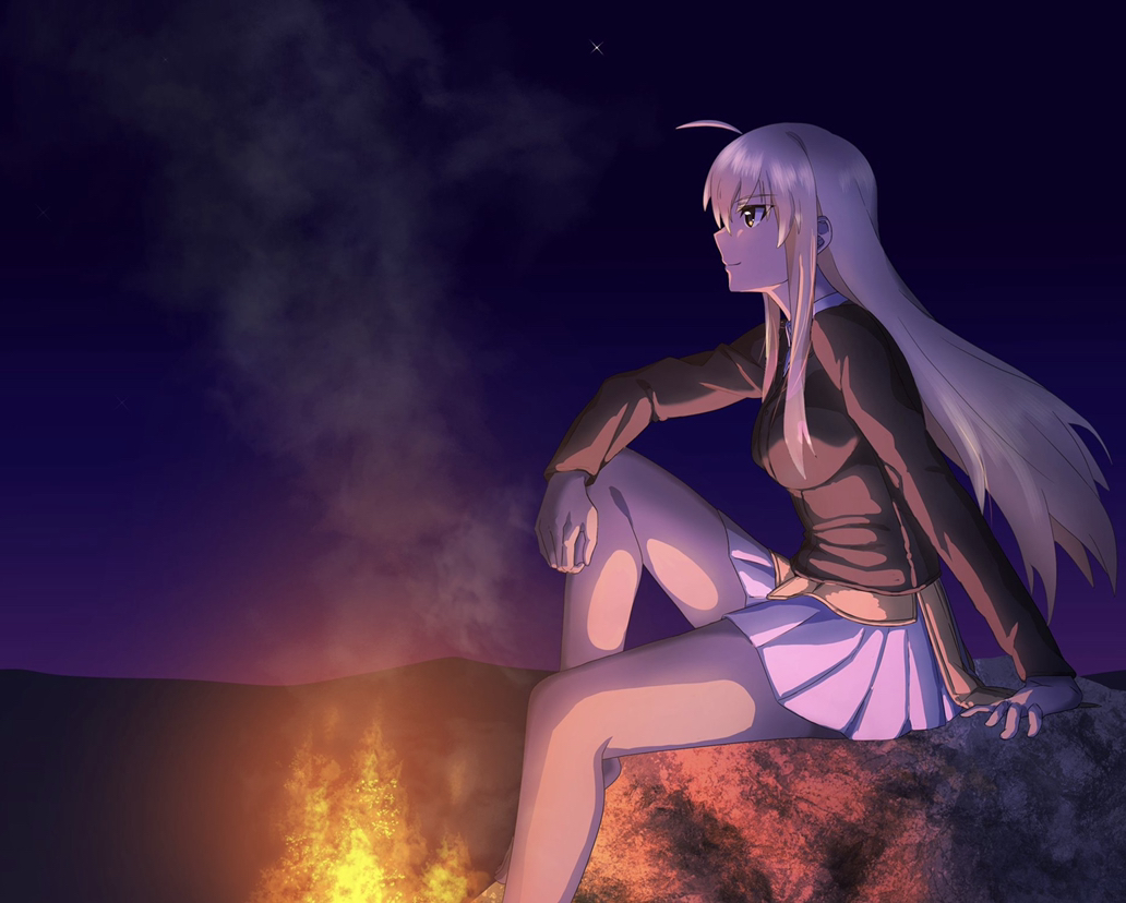 1girl arm_support blonde_hair campfire dark desert hanna-justina_marseille jacket leather leather_jacket long_hair night oinari_(koheihei1109) pleated_skirt profile rock sitting skirt smile solo star_(sky) strike_witches world_witches_series
