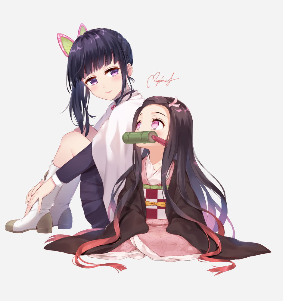 2girls age_regression bamboo bangs bit_gag black_hair black_skirt boots brown_hair butterfly_hair_ornament child cloak full_body gag gradient_hair hair_ornament hair_ribbon hand_on_ankle haori japanese_clothes kamado_nezuko kimetsu_no_yaiba kimono knees_up long_hair long_sleeves looking_at_another looking_to_the_side looking_up mouth_hold multicolored_hair multiple_girls obi pink_eyes pink_kimono pink_ribbon ribbon rupinesu sash seiza side_ponytail sidelocks signature simple_background sitting skirt sleeves_past_fingers sleeves_past_wrists smile tsuyuri_kanao two-tone_hair very_long_hair violet_eyes white_cloak younger