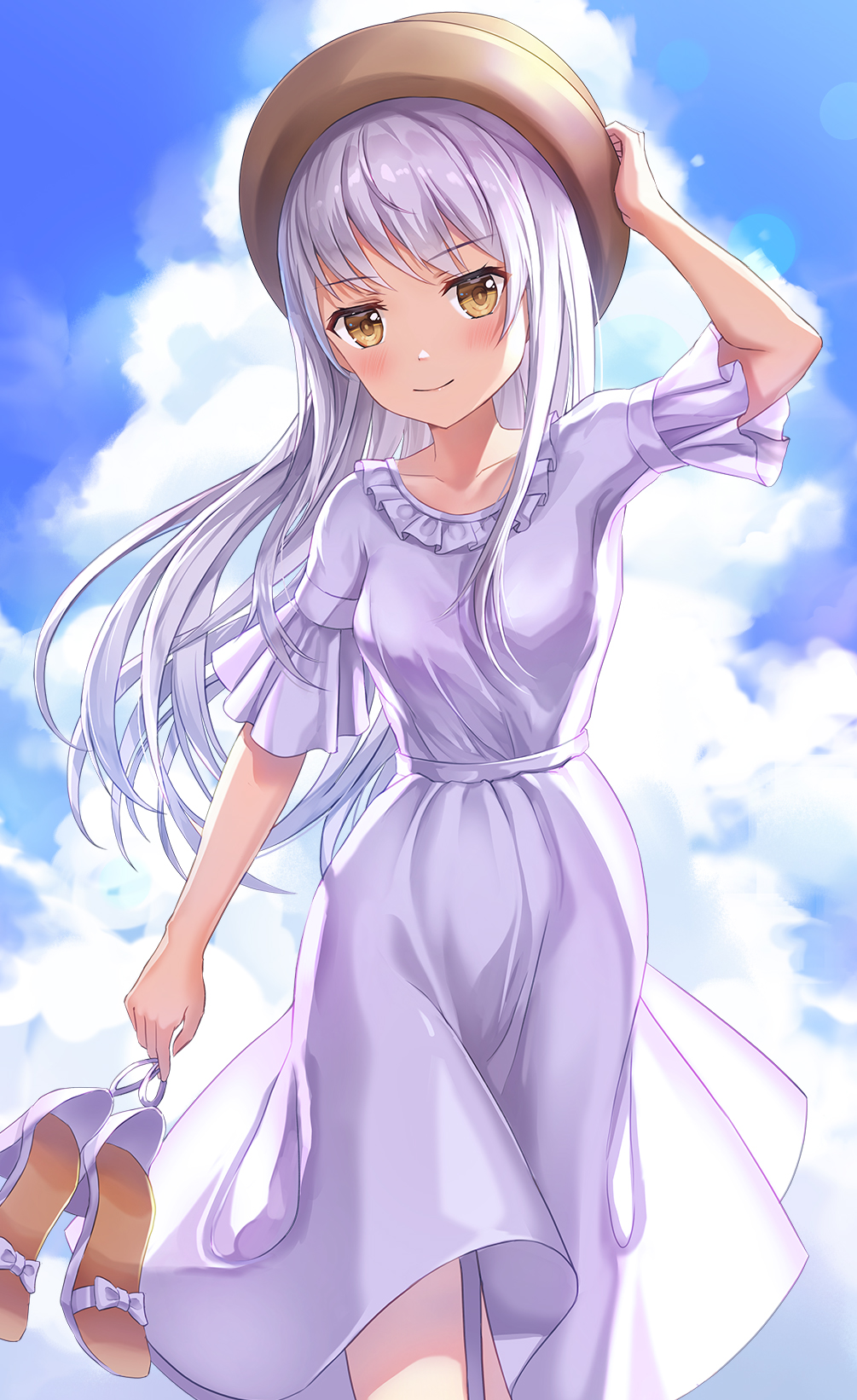 1girl arm_up bang_dream! bangs blue_sky blush bow breasts brown_eyes brown_headwear closed_mouth clouds cloudy_sky collarbone commentary_request day dress eyebrows_visible_through_hair hand_on_headwear hat high_heels highres holding_footwear long_hair looking_at_viewer lunacle minato_yukina outdoors sandals shoes_removed short_sleeves silver_hair sky small_breasts smile solo summer very_long_hair white_bow white_dress white_footwear