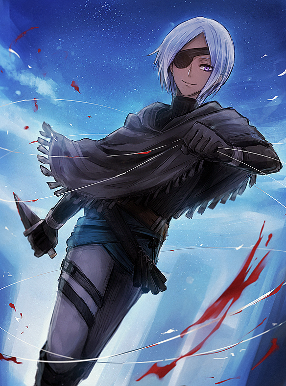 1boy black_cape blue_sky cape dark_skin dark_skinned_male day dual_wielding eyepatch holding knife looking_at_viewer outdoors pixiv_fantasia pixiv_fantasia_last_saga pumpkin777 silver_hair sky solo standing thigh_strap violet_eyes wire