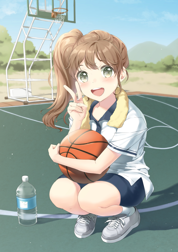 1girl arm_up ball basketball basketball_court basketball_hoop blue_sky blurry blush bottle brown_hair clouds cross-laced_footwear day depth_of_field grey_eyes grey_footwear holding holding_ball looking_at_viewer mountain navy_blue_shorts open_mouth original outdoors shadow shirt shoes short_hair short_sleeves shorts side_ponytail sky sneakers socks solo squatting towel towel_around_neck tree untucked_shirt unya_(unya-unya) upper_teeth v water_bottle white_legwear white_shirt