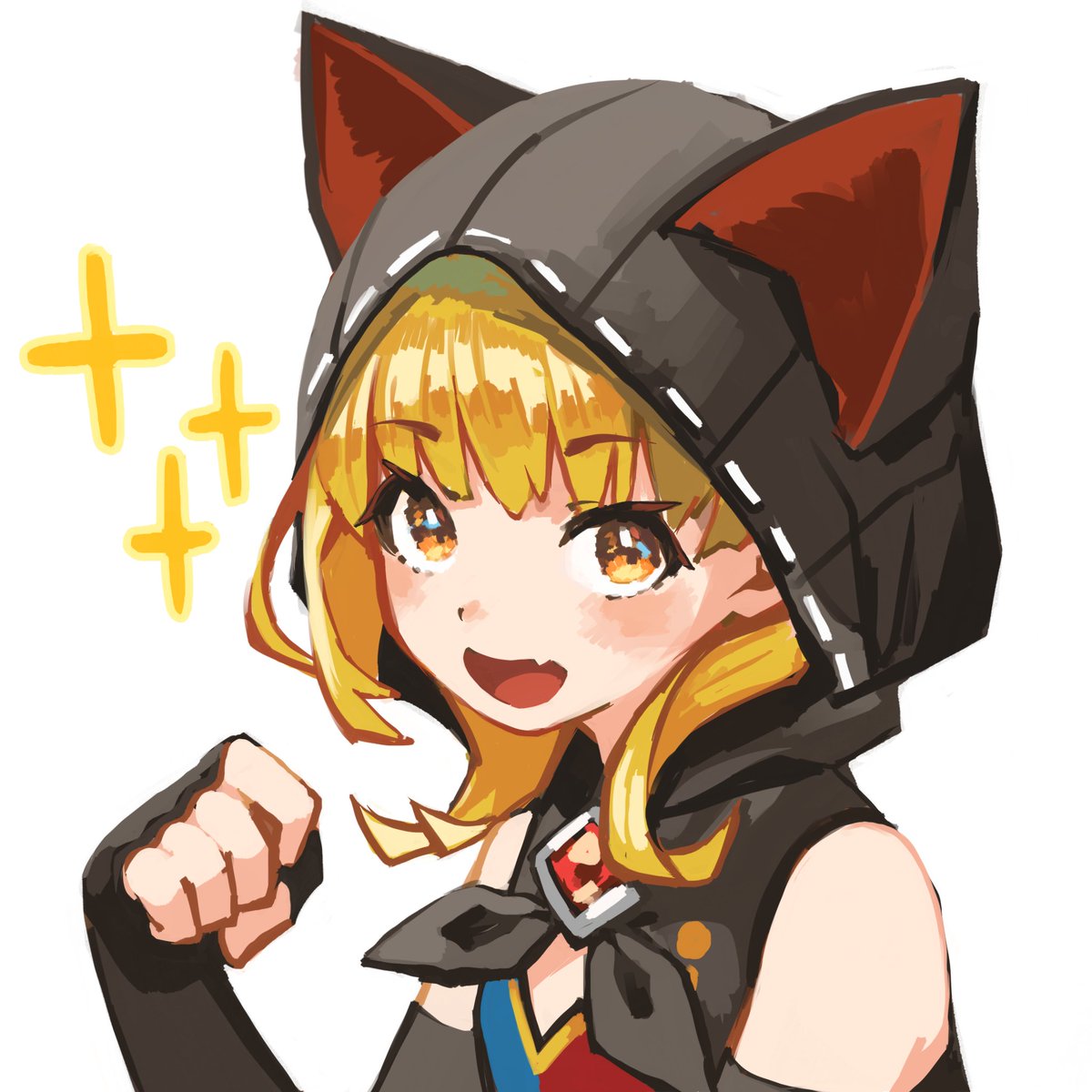 1girl animal_hood bare_shoulders black_gloves black_hoodie blonde_hair blush boots cat_hood dragalia_lost emma_(dragalia_lost) fang gauntlets gloves highres hood looking_at_viewer open_mouth paw_pose short_hair simple_background smile sparkle upper_body