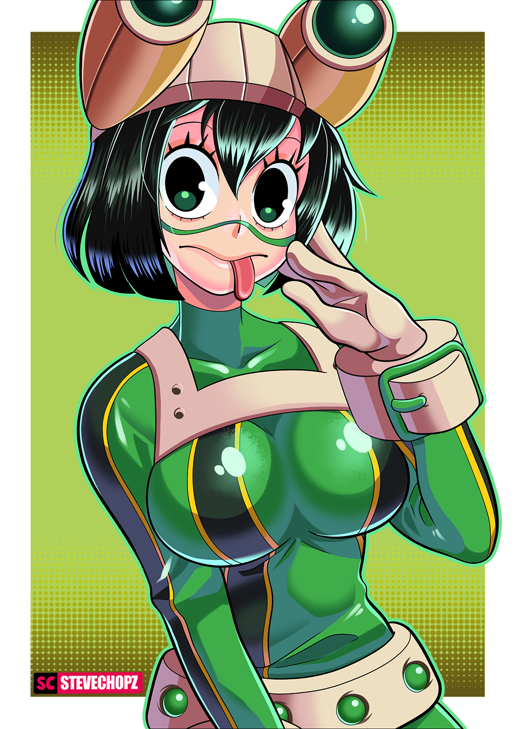 1girl alternate_hairstyle asui_tsuyu bodysuit boku_no_hero_academia breasts collarbone frog_girl gloves goggles goggles_on_head green_bodysuit highres large_breasts long_tongue looking_at_viewer older short_hair solo steve_chopz tongue
