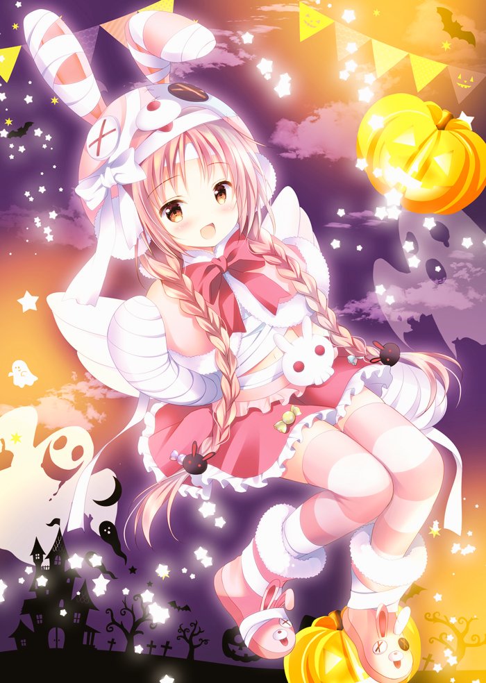1girl :d akane_mimi animal animal_ears animal_hat bandaged_arm bandaged_hands bandages bangs bare_tree bat blush bow braid brown_eyes bunny_hair_ornament bunny_hat capelet castle clouds cloudy_sky commentary_request earmuffs eyebrows_visible_through_hair frilled_skirt frills full_body fur-trimmed_boots fur-trimmed_capelet fur_trim ghost glowing hair_ornament halloween hand_up hat jack-o'-lantern long_hair looking_at_viewer open_mouth parted_bangs pennant pink_capelet pink_footwear pink_hair pink_headwear princess_connect! princess_connect!_re:dive rabbit_ears red_bow red_skirt shirogane_hina skirt sky smile solo star string_of_flags striped striped_legwear thigh-highs tree twin_braids very_long_hair white_bow