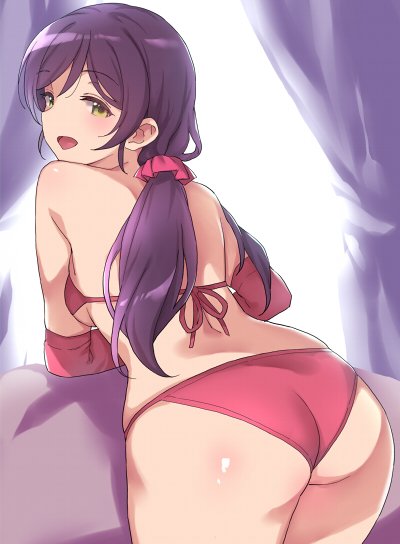 1girl :d ass bikini blush breasts deyuuku eyebrows_visible_through_hair from_behind green_eyes hair_ornament hair_scrunchie long_hair love_live! love_live!_school_idol_project low_twintails open_mouth pink_scrunchie purple_hair red_bikini scrunchie sideboob smile solo swimsuit toujou_nozomi twintails