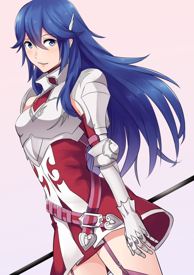 1girl ameno_(a_meno0) belt blue_hair breastplate cordelia_(fire_emblem) cordelia_(fire_emblem)_(cosplay) cosplay dress fire_emblem fire_emblem_awakening gradient gradient_background hair_ornament holding holding_weapon long_hair lucina lucina_(fire_emblem) parted_lips polearm short_dress simple_background solo weapon wing_hair_ornament