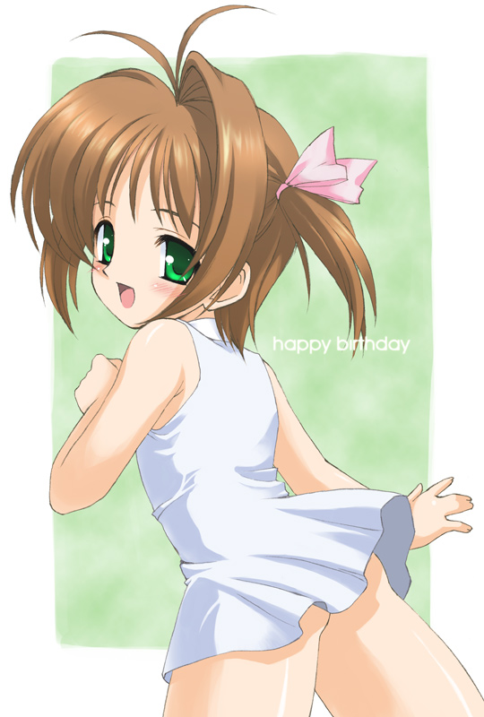 1girl antenna_hair bad_id bare_shoulders blush bow brown_hair cardcaptor_sakura dress green_eyes hair_bow happy_birthday hormone_koijirou kinomoto_sakura looking_at_viewer looking_back open_mouth pink_bow solo sweat white_dress