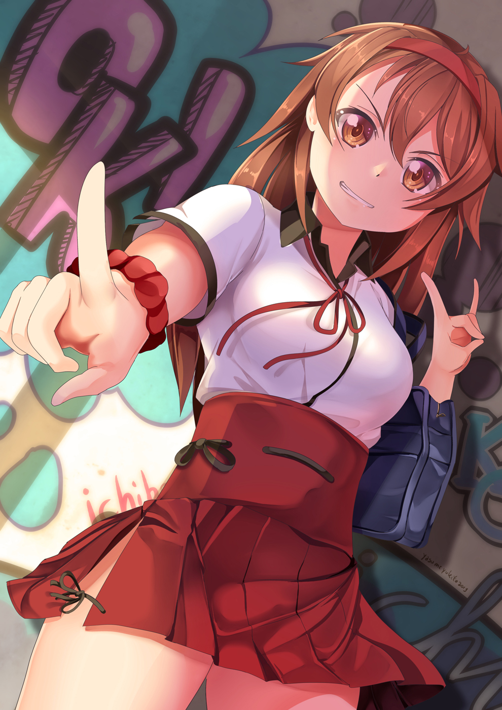 1girl artist_name bag brown_eyes brown_hair cosplay fate/extra fate/extra_ccc fate/extra_ccc_fox_tail fate_(series) fox_shadow_puppet graffiti grin hair_flaps hairband hakama hand_gesture highres index_finger_raised japanese_clothes kantai_collection long_hair neck_ribbon red_hairband red_hakama red_ribbon red_scrunchie remodel_(kantai_collection) ribbon school_bag scrunchie shiratsuyu_(kantai_collection) smile solo suzuka_gozen_(fate) suzuka_gozen_(fate)_(cosplay) teeth wrist_scrunchie yasume_yukito