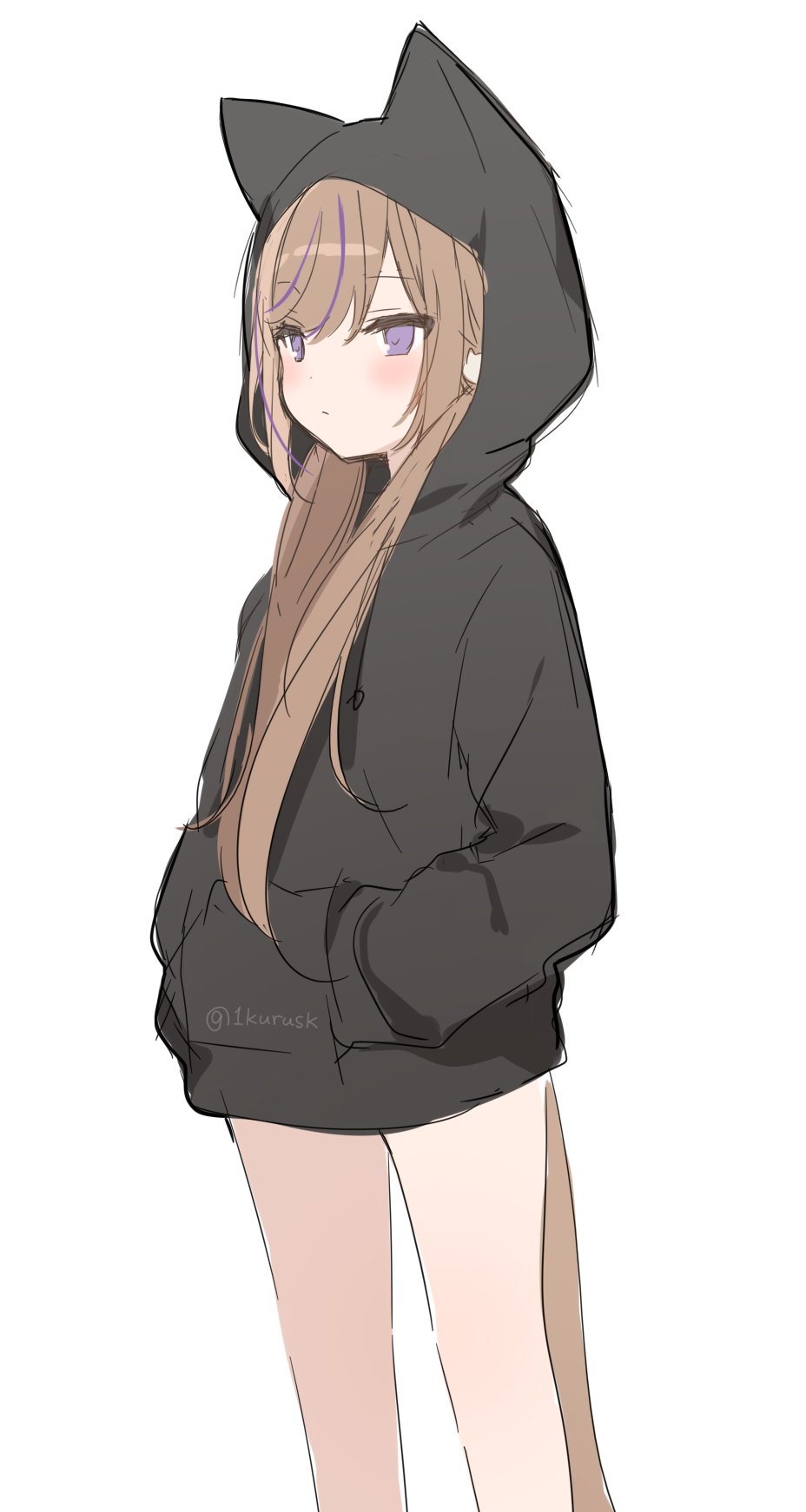 1girl animal_ears animal_hood bangs black_hoodie blush brown_hair cat_ears cat_girl cat_hood cat_tail closed_mouth commentary_request eyebrows_visible_through_hair fake_animal_ears hair_between_eyes hands_in_pocket highres hood hood_up hoodie leo_(mafuyu) long_hair long_sleeves mafuyu_(chibi21) multicolored_hair original puffy_long_sleeves puffy_sleeves purple_hair simple_background solo standing streaked_hair tail twitter_username very_long_hair violet_eyes white_background