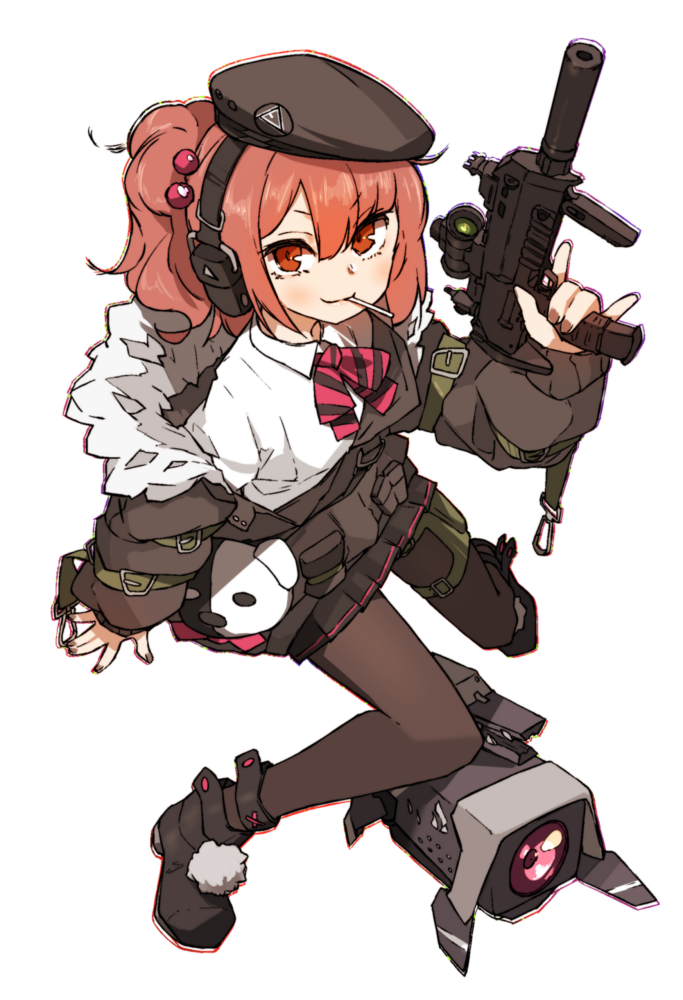 1girl amonitto ascot bangs black_footwear black_headwear black_legwear blush boots candy dinergate_(girls_frontline) food girls_frontline gun h&amp;k_mp7 hair_bobbles hair_ornament hat headphones holding holding_gun holding_weapon jacket lollipop long_sleeves mouth_hold mp7_(girls_frontline) off_shoulder pantyhose pleated_skirt ponytail red_eyes redhead shirt simple_background skirt striped striped_neckwear submachine_gun weapon white_background white_shirt