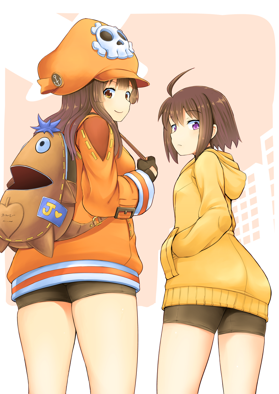 2girls ahoge arc_system_works backpack bag bike_shorts brown_eyes brown_hair commentary_request crossover fingerless_gloves gloves guilty_gear guilty_gear_2020 hands_in_pockets hat highres hood hoodie linne long_hair may_(guilty_gear) multiple_girls orange_hoodie pirate_hat ponkotsu short_hair skull_and_crossbones smile thighs trait_connection under_night_in-birth violet_eyes yellow_hoodie