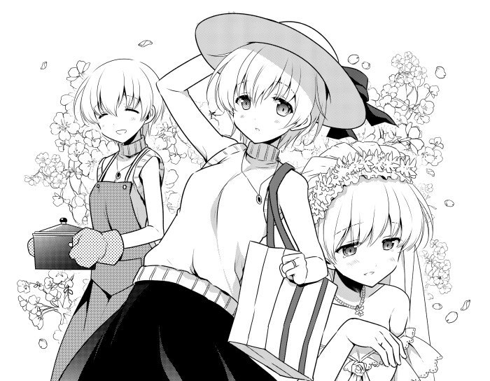 1girl alternate_costume apron arm_up bag bangs bare_arms blush breasts bridal_veil bride commentary_request dress eyebrows_visible_through_hair floral_background formal greyscale hat hat_ribbon jewelry kantai_collection looking_at_viewer mittens monochrome multiple_views necklace odawara_hakone open_mouth petals ribbon short_hair shoulder_bag simple_background skirt sleeveless small_breasts smile strapless strapless_dress sun_hat sweater veil wedding wedding_dress z1_leberecht_maass_(kantai_collection)