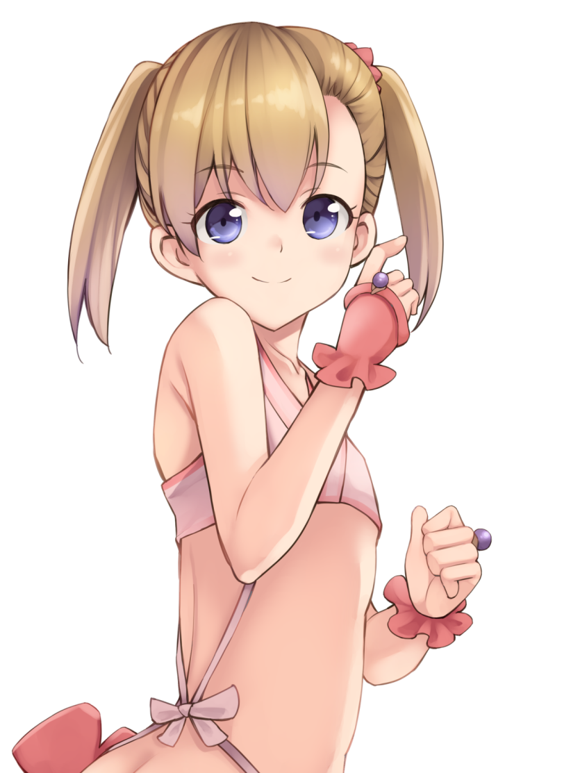 1girl ass bangs blonde_hair blue_eyes blush commentary_request eyebrows_visible_through_hair flat_chest kouno_hikaru looking_at_viewer looking_back original short_hair short_twintails smile solo twintails white_background wrist_cuffs