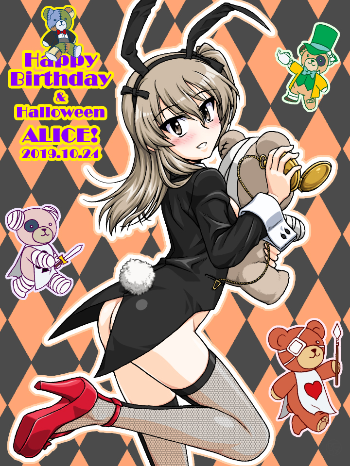 1girl alternate_costume animal_ears argyle argyle_background ass bandaged_hands bandages bangs black_jacket black_ribbon blush boko_(girls_und_panzer) brown_eyes bunnysuit character_name club_(shape) coattails commentary_request dated english_text eyebrows_visible_through_hair fake_animal_ears fake_tail fishnet_legwear fishnets from_behind girls_und_panzer hair_ribbon happy_birthday happy_halloween heart high_heels holding holding_pocket_watch holding_stuffed_animal jacket leg_up light_brown_hair long_hair long_sleeves looking_at_viewer looking_back one_side_up oosaka_kanagawa open_mouth orange_background outline parted_lips partial_commentary pocket_watch red_footwear ribbon shimada_arisu smile solo standing standing_on_one_leg stuffed_animal stuffed_toy tail teddy_bear thigh-highs watch white_outline