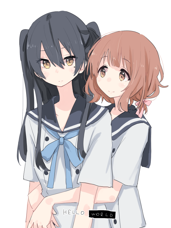 2girls black_hair blue_neckwear blue_sailor_collar brown_eyes brown_hair hair_ribbon hello_world hug hug_from_behind ichigyou_ruri kadenokouji_misuzu mole mole_under_eye multiple_girls neckerchief ribbon sailor_collar school_uniform serafuku shiroshi_(denpa_eshidan) two_side_up white_background white_serafuku yuri