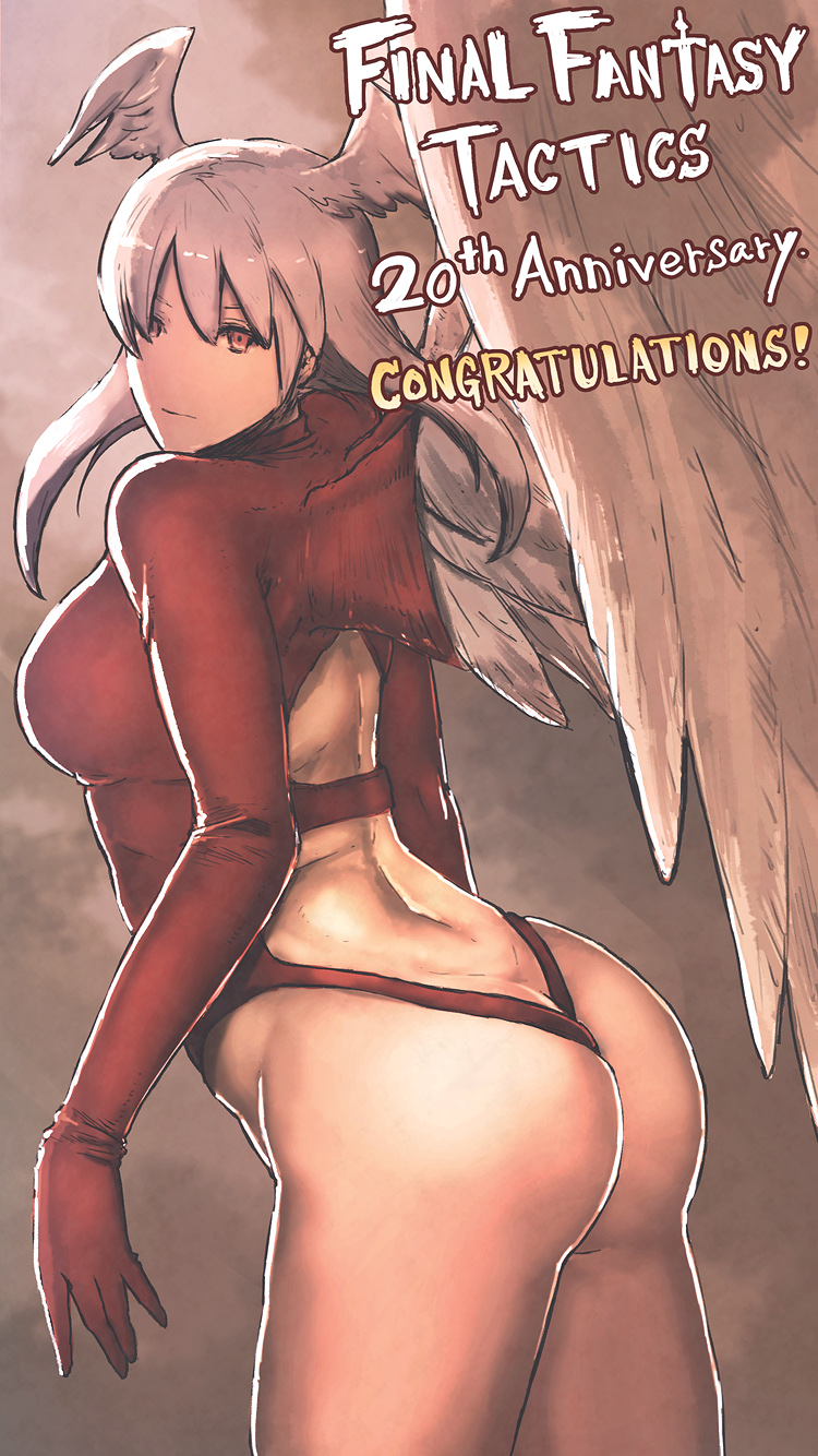 1girl angel_wings ass breasts closed_mouth commentary_request final_fantasy final_fantasy_tactics gloves head_wings highleg highleg_leotard highres leotard long_hair looking_at_viewer red_eyes red_leotard silver_hair simple_background solo sukua55 ultima_(fft) white_hair wings