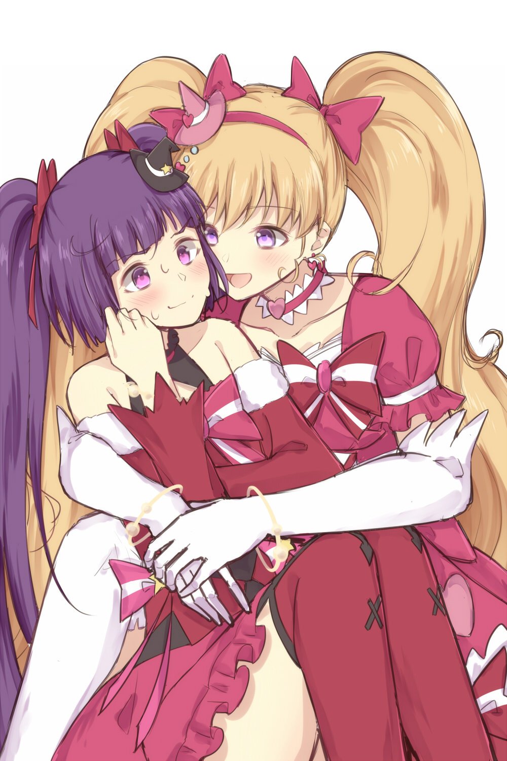 2girls asahina_mirai blonde_hair blush bow bracelet collarbone commentary cowboy_shot cure_magical cure_miracle dress elbow_gloves frilled_skirt frills gloves hair_bow hat heart highres hug izayoi_liko jewelry long_hair looking_at_another mahou_girls_precure! mini_hat mini_witch_hat multiple_girls naoto_(96neko96) open_mouth precure purple_hair red_bow red_dress red_legwear red_skirt ruby_style simple_background sitting sketch skirt sleeveless smile sweatdrop thigh-highs thighs twintails violet_eyes white_background white_gloves witch_hat yuri