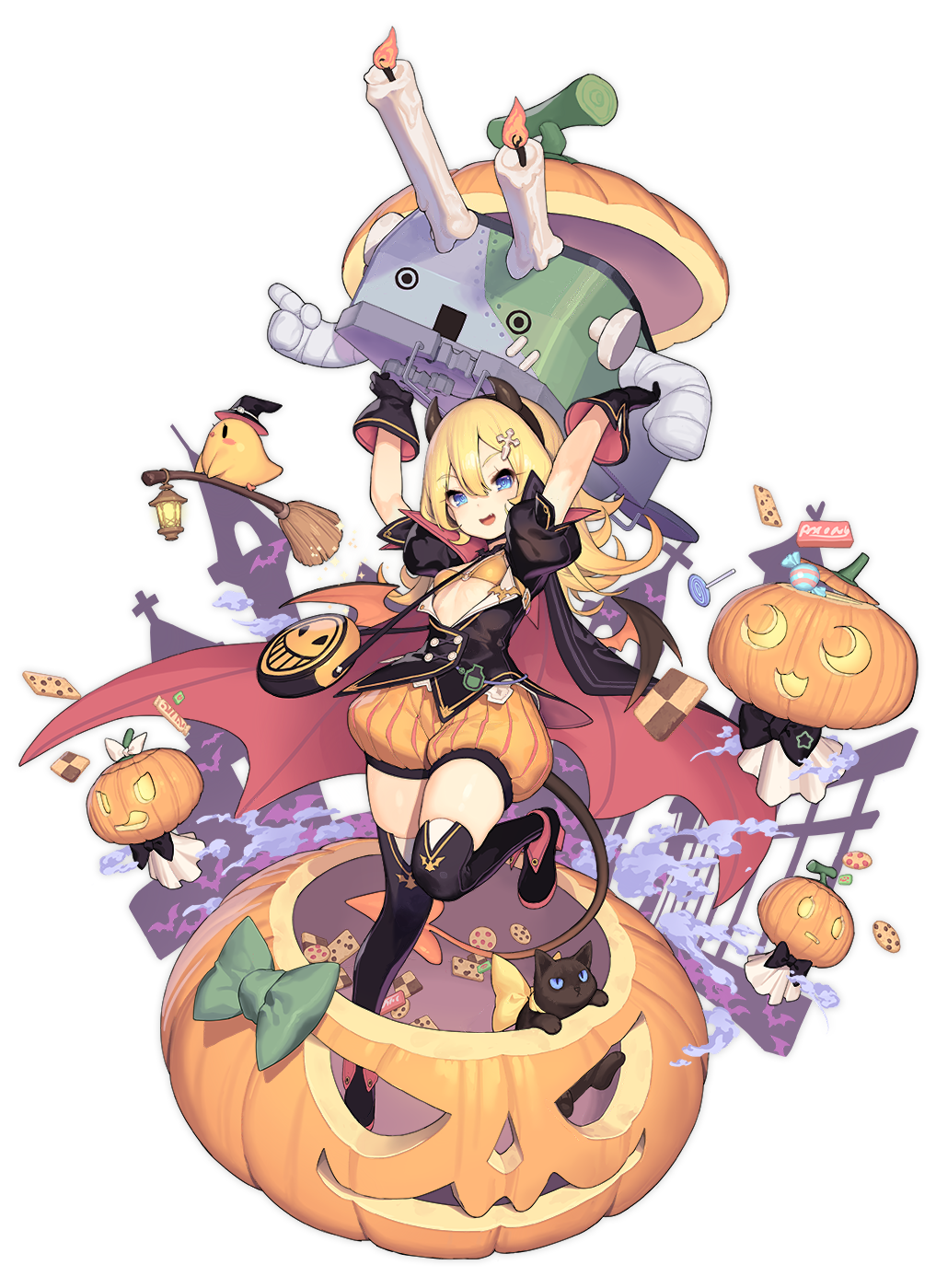 1girl :d abercrombie_(azur_lane) animal arms_up azur_lane bikini_top bird black_gloves black_jacket black_legwear blonde_hair blue_eyes bow breasts broom candle candy cape carrying cat chick cookie double-breasted fang food gloves hair_ornament hairband halloween hat highres horns jack-o'-lantern jacket lantern leg_up lollipop long_hair looking_at_viewer machinery manjuu_(azur_lane) o-ring o-ring_top official_art open_mouth orange_bikini_top orange_shorts puffy_short_sleeves puffy_sleeves pumpkin shoes short_sleeves shorts small_breasts smile solo swirl_lollipop thigh-highs transparent_background tsliuyixin