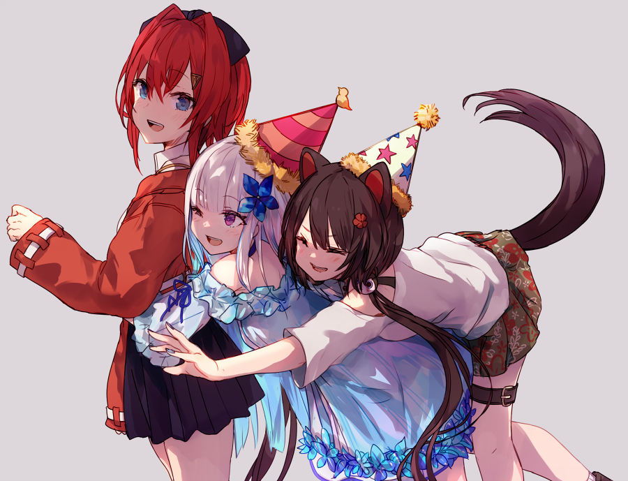 3girls :d ^_^ ange_katrina animal_ears bangs black_bow black_skirt blue_eyes blue_flower bow brown_hair cat_ears cat_tail closed_eyes dog_hair_ornament dress flower frilled_dress frilled_sleeves frills green_skirt grey_background hair_bow hair_flower hair_ornament hat hug inui_toko jacket lize_helesta long_hair long_sleeves looking_at_another looking_back low_twintails multiple_girls nijisanji off-shoulder_dress off_shoulder one_eye_closed open_mouth party_hat patterned_clothing pink_eyes pleated_skirt pom_pom_(clothes) puffy_long_sleeves puffy_sleeves red_flower red_jacket redhead roll_okashi short_hair simple_background skirt smile tail thigh_strap twintails virtual_youtuber white_dress white_hair