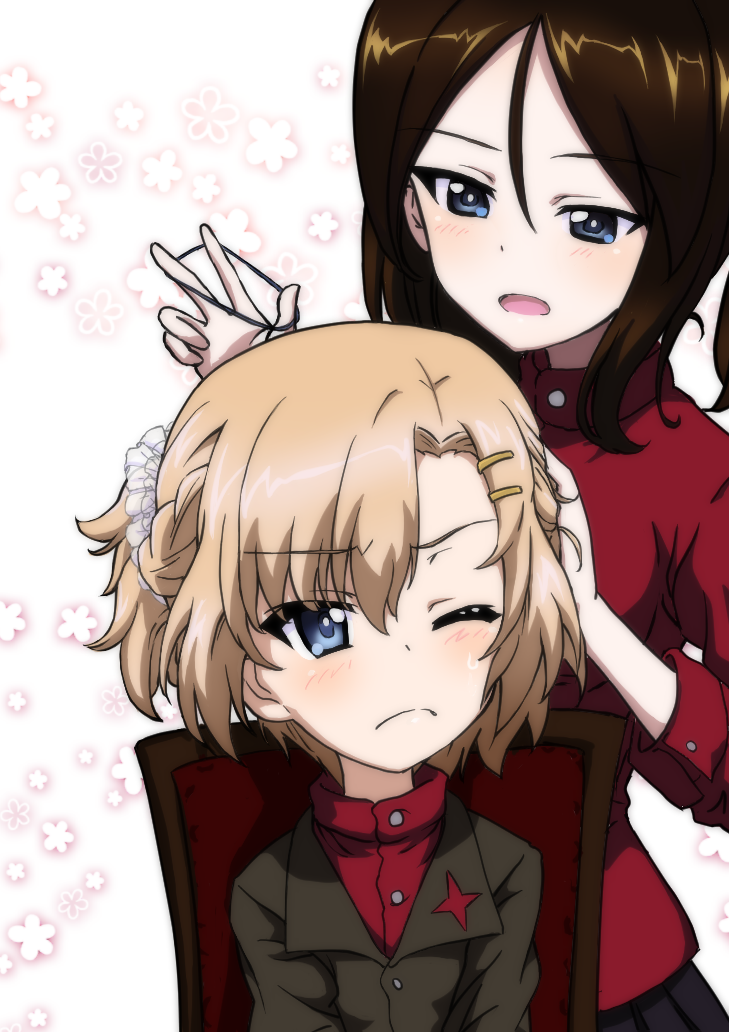2girls adjusting_another's_hair alternate_hairstyle bangs black_hair blonde_hair blue_eyes blush closed_mouth commentary eyebrows_visible_through_hair floral_background frown girls_und_panzer green_jacket hair_ornament hair_scrunchie hair_tie hairclip holding insignia jacket katyusha key_(gaigaigai123) long_hair long_sleeves looking_at_another multiple_girls no_jacket nonna one_eye_closed open_mouth pravda_school_uniform red_shirt school_uniform scrunchie shirt short_hair sitting standing sweatdrop swept_bangs turtleneck white_scrunchie wooden_chair