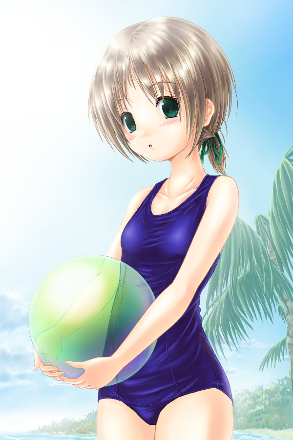 1girl ball beachball blue_sky blue_swimsuit blush breasts collarbone day green_eyes liselsia_cesarini one-piece_swimsuit ribbon school_swimsuit short_hair short_ponytail sky small_breasts solo standing sunlight swimsuit symphonic_rain tree yos