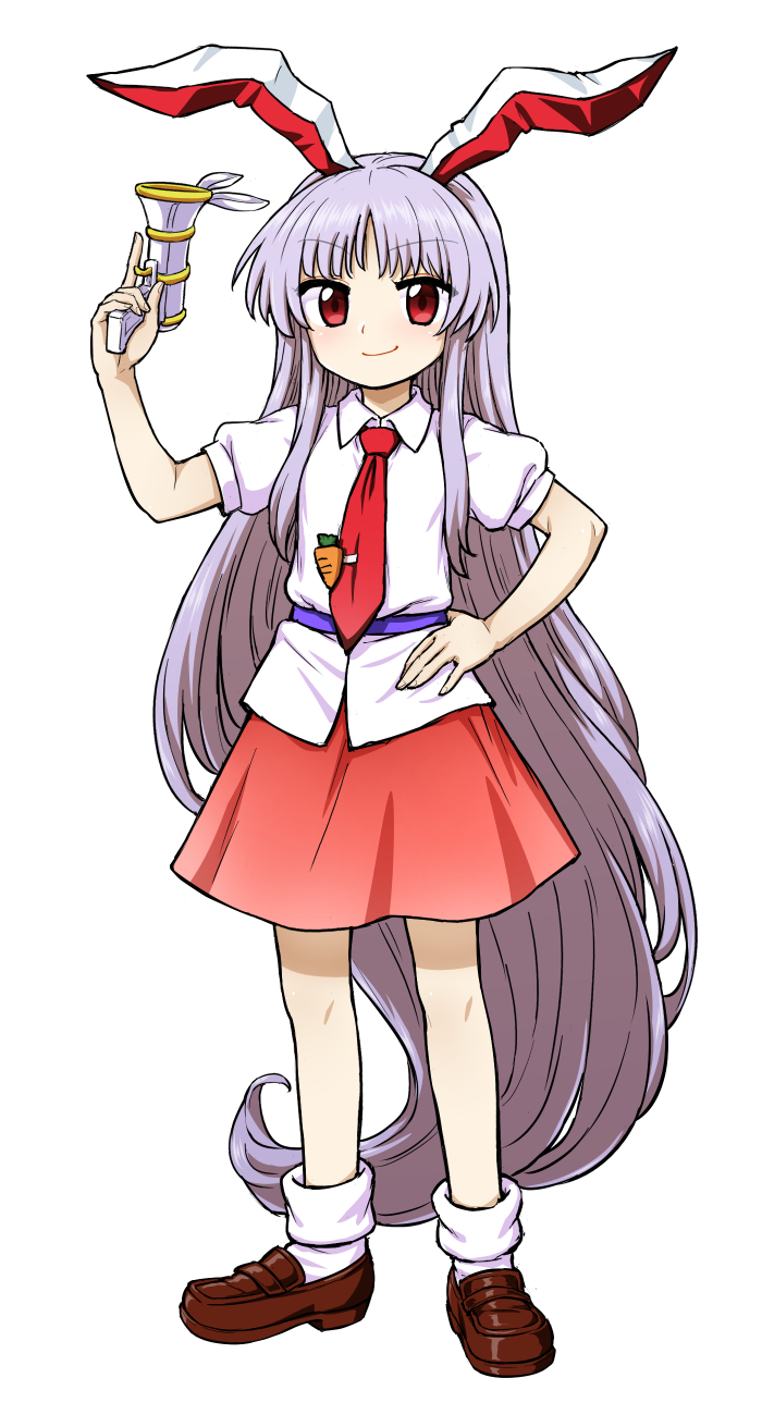 1girl animal_ears brown_footwear eyebrows_visible_through_hair full_body hand_on_hip hand_up highres itou_yuuji long_hair looking_at_viewer lunatic_gun necktie puffy_short_sleeves puffy_sleeves purple_hair rabbit_ears red_eyes red_neckwear red_skirt reisen_udongein_inaba shirt shoes short_sleeves simple_background skirt smile socks solo standing touhou very_long_hair white_background white_legwear white_shirt wing_collar