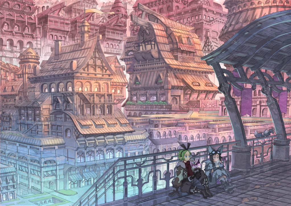 2girls animal_hat architecture arm_support banner belt bird black_hair blue_eyes boots bow braid brown_eyes bush city cityscape colorful commentary drink east_asian_architecture elf fantasy gloves goggles goggles_on_headwear green_hair hair_bow hairband hat long_hair multicolored_hair multiple_girls nagi_itsuki original pointy_ears railing robe scenery single_braid sitting smile stairs steam sunrise