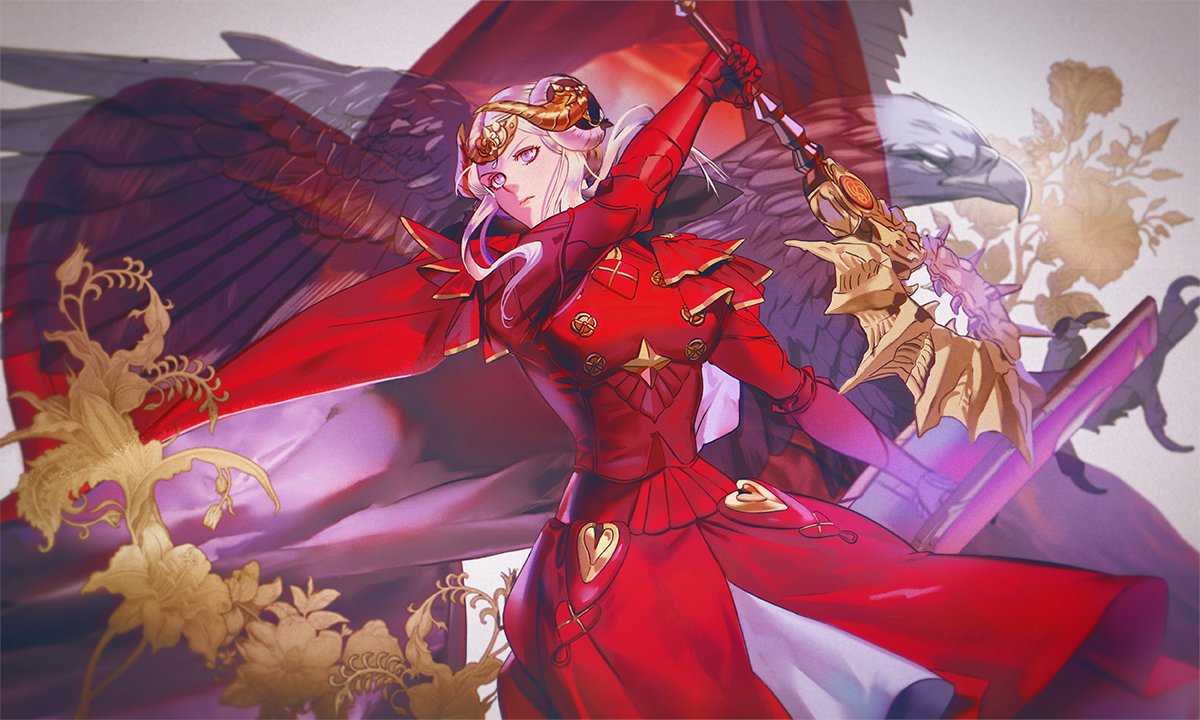 1girl armor axe bird blonde_hair cape eagle edelgard_von_hresvelg fire_emblem fire_emblem:_three_houses headpiece holding holding_axe horns monana red_cape solo violet_eyes