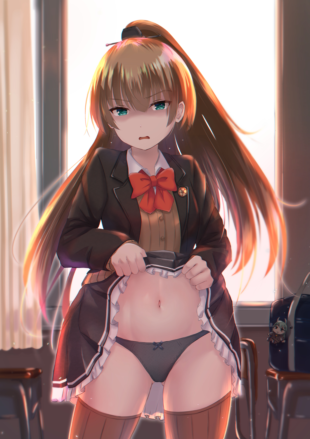 1girl aqua_eyes bag black_panties blouse brown_cardigan brown_hair brown_legwear brown_skirt brown_sweater cardigan commentary_request curtains eyebrows_visible_through_hair hair_between_eyes highres kantai_collection kumano_(kantai_collection) kuroame_(kurinohana) lifted_by_self long_hair long_sleeves navel neck_ribbon open_mouth panties pleated_skirt ponytail red_ribbon remodel_(kantai_collection) ribbon school_uniform shaded_face skirt skirt_lift solo suzuya_(kantai_collection) sweater thigh-highs underwear white_blouse window
