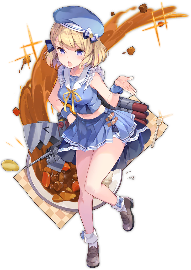 1girl azur_lane bangs bare_shoulders beret blonde_hair blue_bow blue_headwear blue_serafuku blue_shirt blue_skirt blush bow breasts brown_footwear eyebrows_visible_through_hair food full_body hand_up hat medium_breasts midriff navel neck_ribbon official_art open_mouth plate pleated_skirt purple_eyes ribbon rice sakura_koharu school_uniform serafuku shirt shoes skirt sleeveless sleeveless_shirt socks spoon standing standing_on_one_leg transparent_background white_legwear white_shirt wrist_cuffs yellow_ribbon z23_(azur_lane)