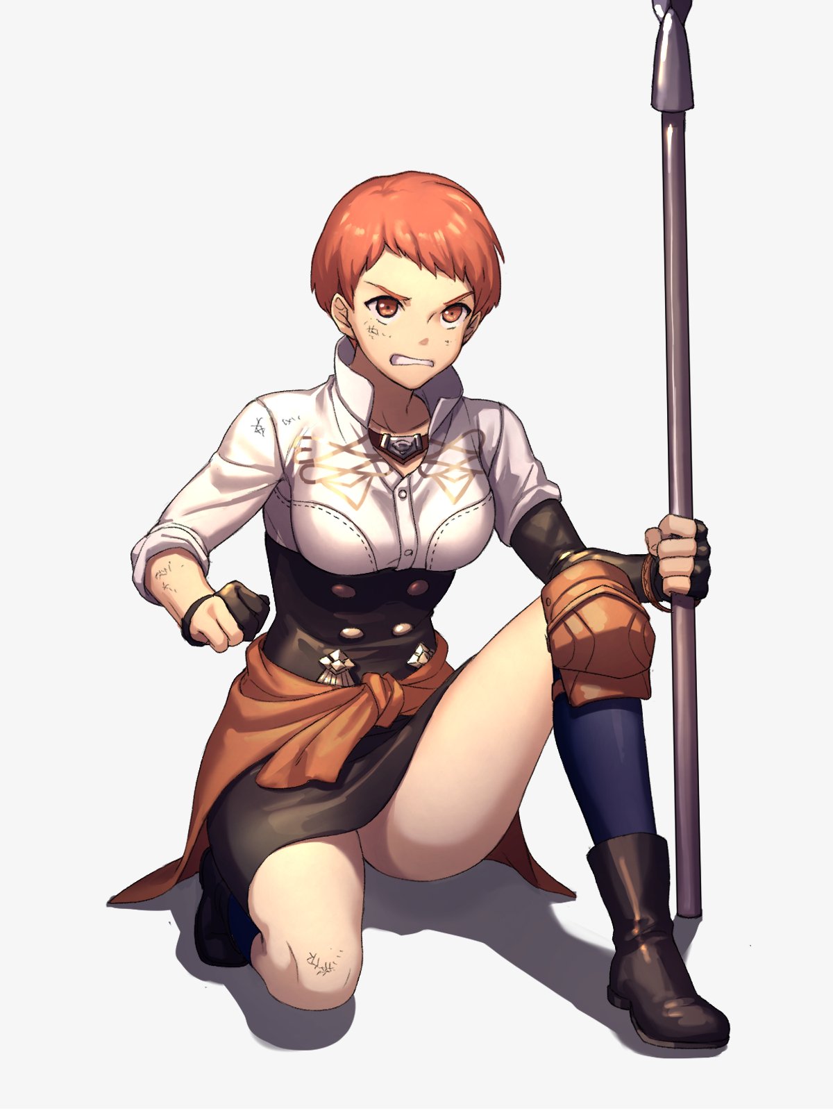 1girl black_footwear black_gloves blue_legwear boots breasts clenched_teeth dirty_clothes dirty_face fingerless_gloves fire_emblem fire_emblem:_three_houses full_body garreg_mach_monastery_uniform gloves highres knee_pads kneehighs lance leonie_pinelli medium_breasts moyashi_mou2 one_knee orange_eyes orange_hair polearm shadow short_hair simple_background skirt sleeves_rolled_up solo spear teeth thighs waist_cape weapon white_background