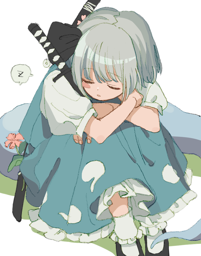 1girl bangs black_footwear black_ribbon blush_stickers closed_eyes crossed_arms eyebrows_visible_through_hair flower green_skirt green_vest hair_ribbon ka_(marukogedago) katana konpaku_youmu konpaku_youmu_(ghost) leg_hug ribbon sheath sheathed shirt short_hair short_sleeves sitting skirt sleeping socks sword touhou vest weapon white_background white_legwear white_shirt zzz