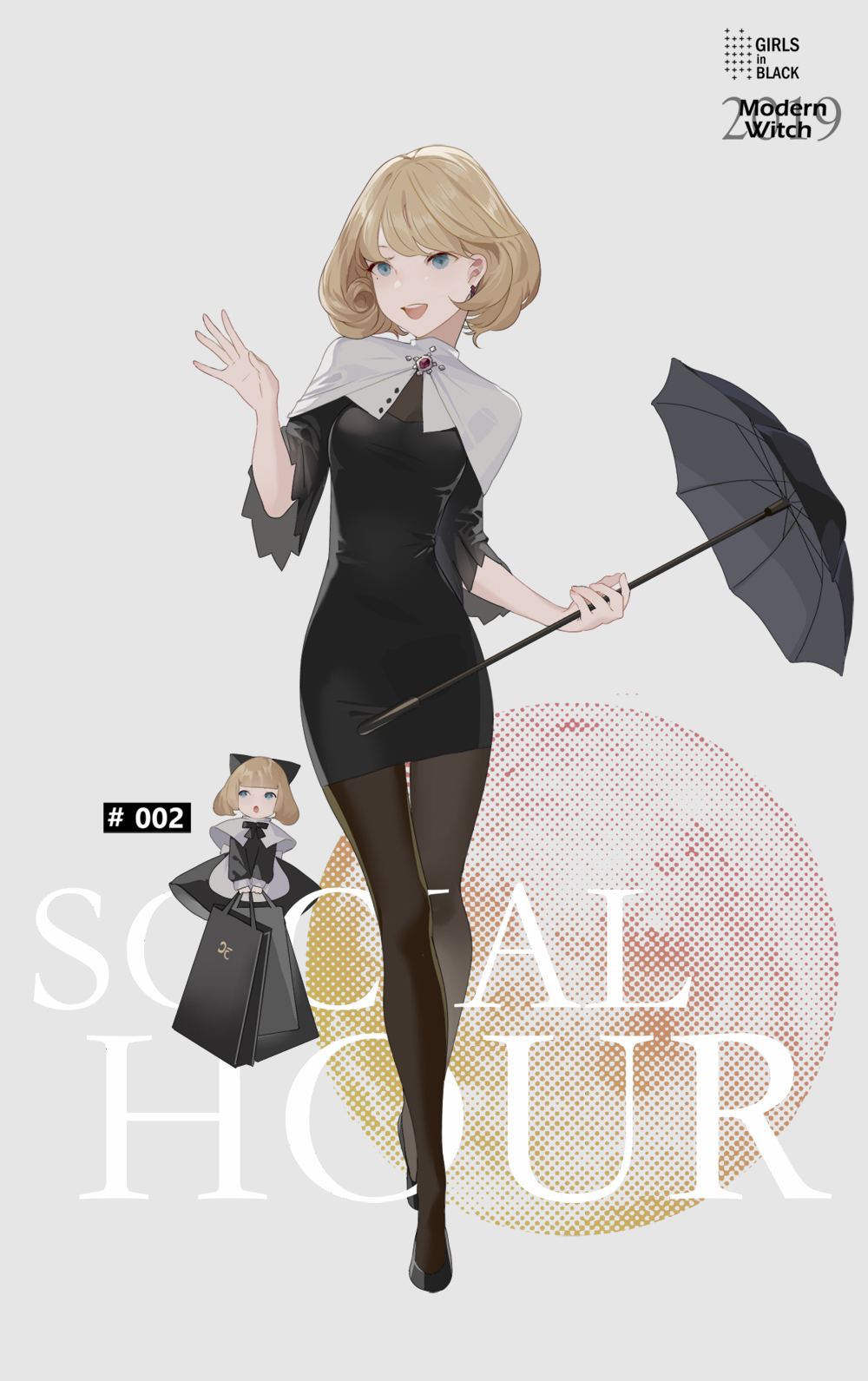 2019 2girls :d :o alice_margatroid alternate_costume bag bangs black_dress black_footwear black_legwear black_umbrella blonde_hair blue_eyes breasts brooch capelet commentary contemporary dress earrings full_body grey_background hand_up highres hillly_(maiwetea) holding holding_bag holding_umbrella jewelry long_sleeves looking_at_viewer medium_breasts multiple_girls open_mouth pantyhose shanghai_doll short_dress short_hair simple_background smile standing touhou umbrella white_capelet