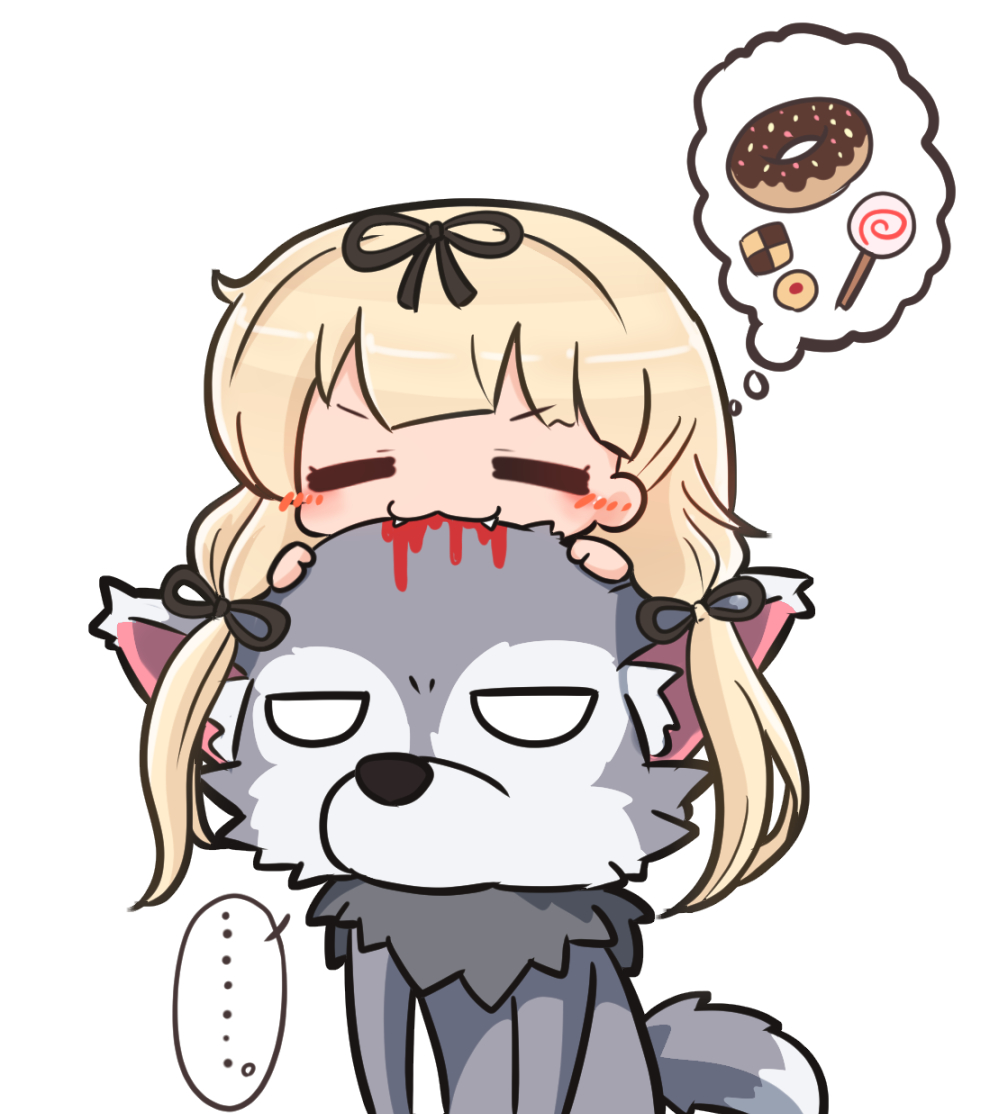 ... 1girl 1other animal_ear_fluff animal_ears asimo953 biting black_ribbon blonde_hair blood candy chibi closed_eyes commentary_request cookie doughnut fangs food hair_ribbon halloween kantai_collection long_hair on_head ribbon simple_background speech_bubble tail tress_ribbon twintails white_background wolf wolf_ears wolf_tail yuudachi_(kantai_collection)