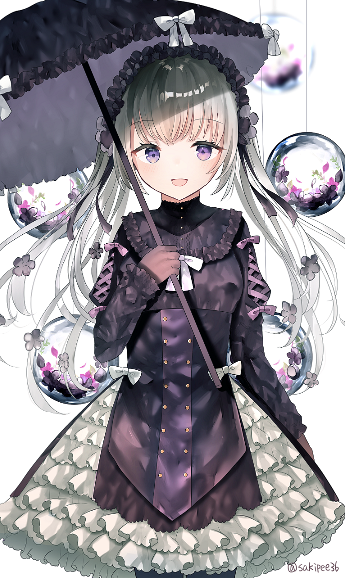 1girl :d black_dress black_legwear commentary cowboy_shot dress flower frilled_skirt frills glass gothic_lolita hairband high_collar holding holding_umbrella layered_dress lolita_fashion lolita_hairband long_hair looking_at_viewer open_mouth orb original pantyhose sakipsakip silver_hair simple_background skirt smile solo standing string too_many too_many_frills twitter_username two_side_up umbrella violet_eyes white_background