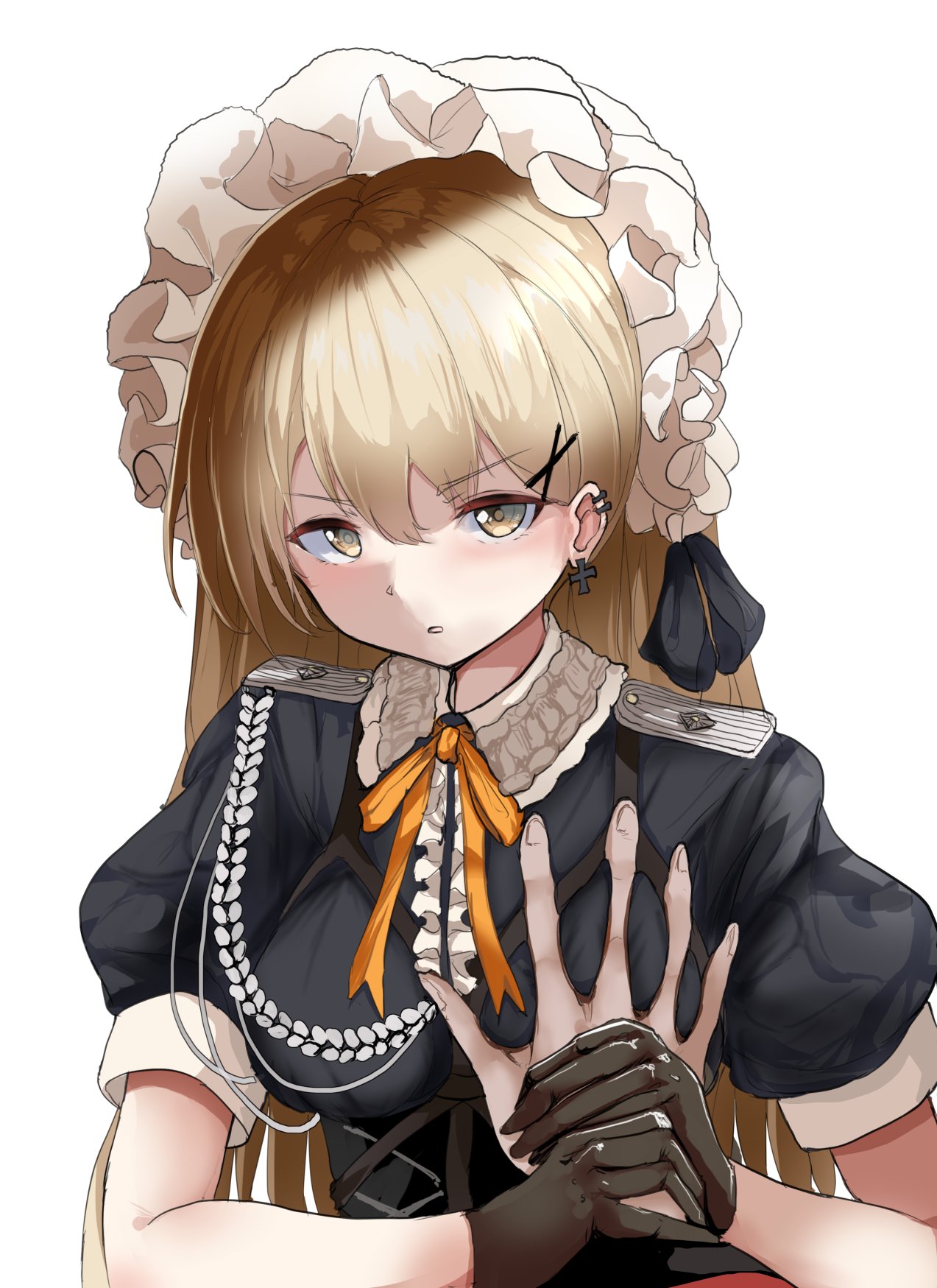 1girl aiguillette bangs black_gloves breast_grab breasts brown_eyes brown_hair commander_(girls_frontline) corset cross cross_earrings earrings epaulettes eyebrows_visible_through_hair girls_frontline gloves grabbing guided_breast_grab hair_ornament hairclip highres jewelry long_hair looking_at_viewer medium_breasts neck_ribbon orange_ribbon pov pov_hands ppk_(girls_frontline) puffy_short_sleeves puffy_sleeves ribbon short_sleeves simple_background solo_focus take_(trude1945oneetyan) upper_body white_background x_hair_ornament