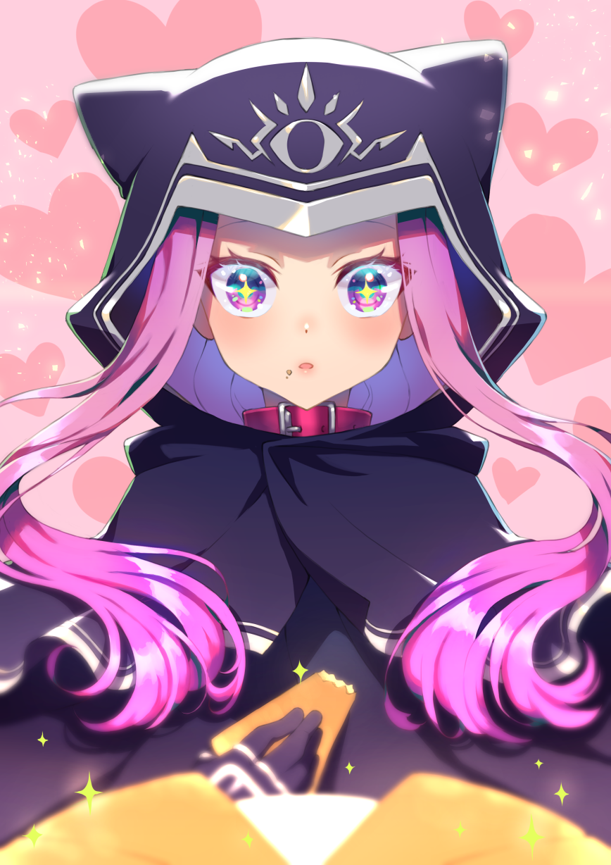 +_+ 1girl animal_ears animal_hood black_cloak black_gloves blurry blurry_foreground blush bouhouji cloak collar commentary_request depth_of_field fake_animal_ears fate/grand_order fate_(series) food food_on_face gloves heart heart_background highres holding holding_food hood hood_up hooded_cloak long_hair medusa_(lancer)_(fate) parted_lips pink_background purple_hair red_collar rider sidelocks solo sparkle very_long_hair violet_eyes