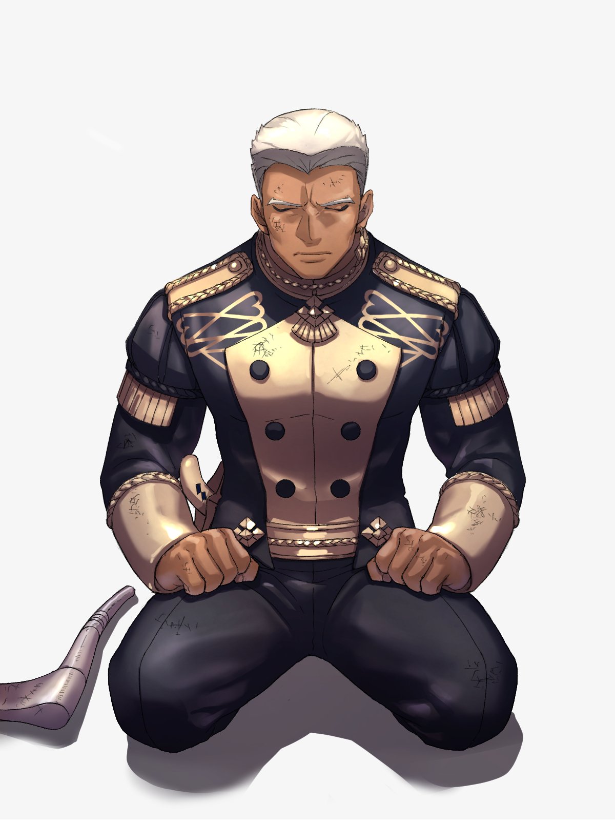 1boy axe closed_eyes dark_skin dedue_molinaro dirty_clothes dirty_face fire_emblem fire_emblem:_three_houses full_body garreg_mach_monastery_uniform highres jewelry long_sleeves looking_at_viewer moyashi_mou2 pants shadow short_hair silver_hair simple_background single_earring sitting solo white_background