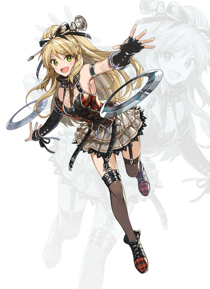 1girl armor black_legwear blonde_hair blush chrono_brigade corset empew green_eyes hair_ornament lingerie long_hair neck open_mouth original ponytail shoes skirt solo underwear