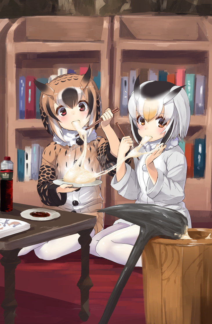 2girls bangs black_hair bookshelf bottle brown_eyes brown_hair chopsticks coat eating eurasian_eagle_owl_(kemono_friends) food food_request fur_collar grey_hair hair_between_eyes indoors kemono_friends looking_at_viewer multicolored_hair multiple_girls northern_white-faced_owl_(kemono_friends) pantyhose plate red_eyes short_hair sitting table tadano_magu white_hair white_legwear