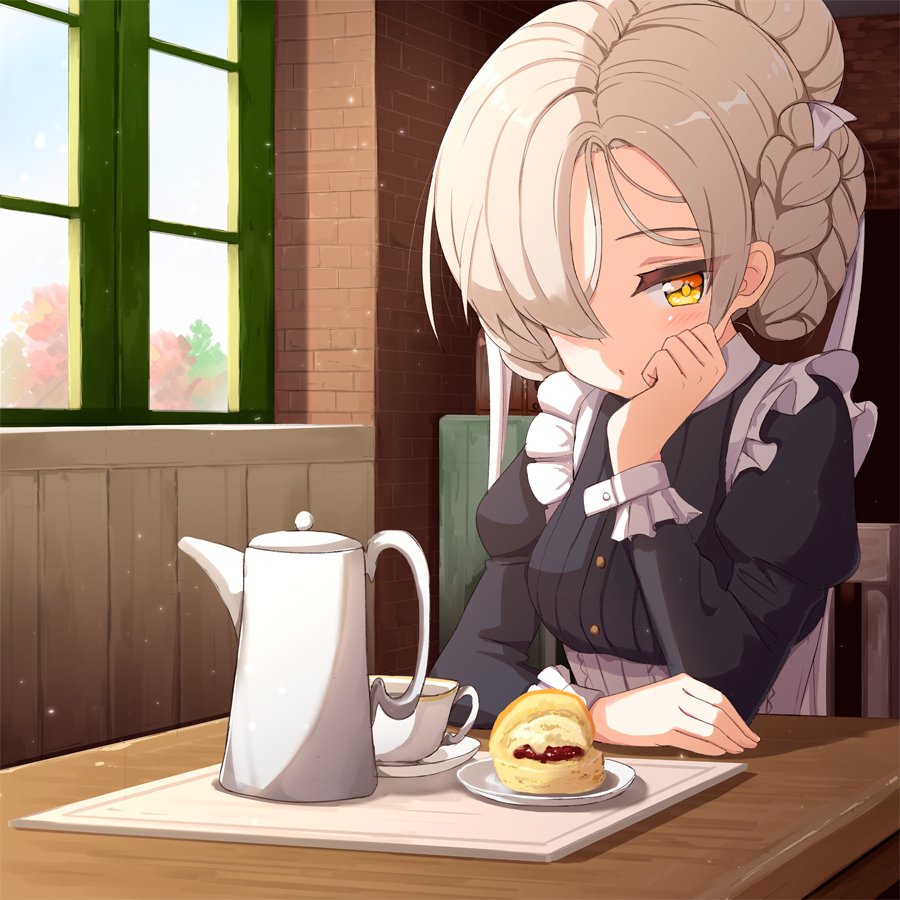 1girl ame. apron azur_lane bangs black_dress blush braid breasts brick_wall chair closed_mouth commentary_request cup dress eyebrows_visible_through_hair food hair_over_one_eye hand_up indoors juliet_sleeves light_brown_hair long_sleeves looking_at_viewer medium_breasts on_chair puffy_sleeves saucer sheffield_(azur_lane) sitting solo table teacup teapot tray upper_body white_apron window yellow_eyes